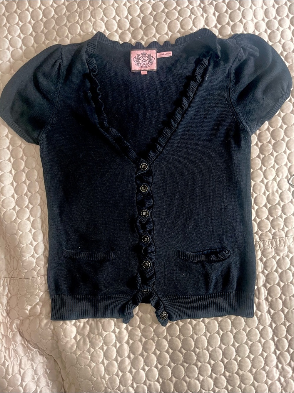 Juicy Couture Black Short-Sleeve Ruffle-Trim Cardigan